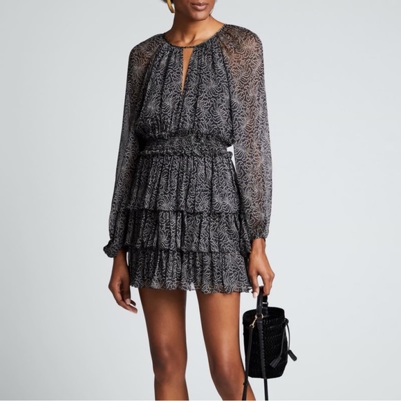 Cinq a Sept Annabel Silk Dress Black Printed Tiered Ruffle Georgette Size 8 NEW - Picture 1 of 9